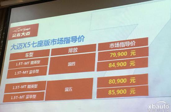 眾泰大邁X5七座版上市 售7.99-8.49萬元