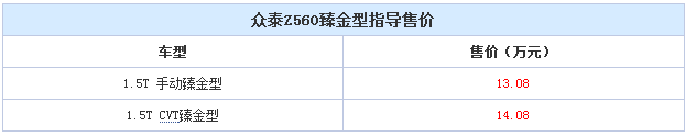 众泰Z560臻金型上市 售13.08-14.08万